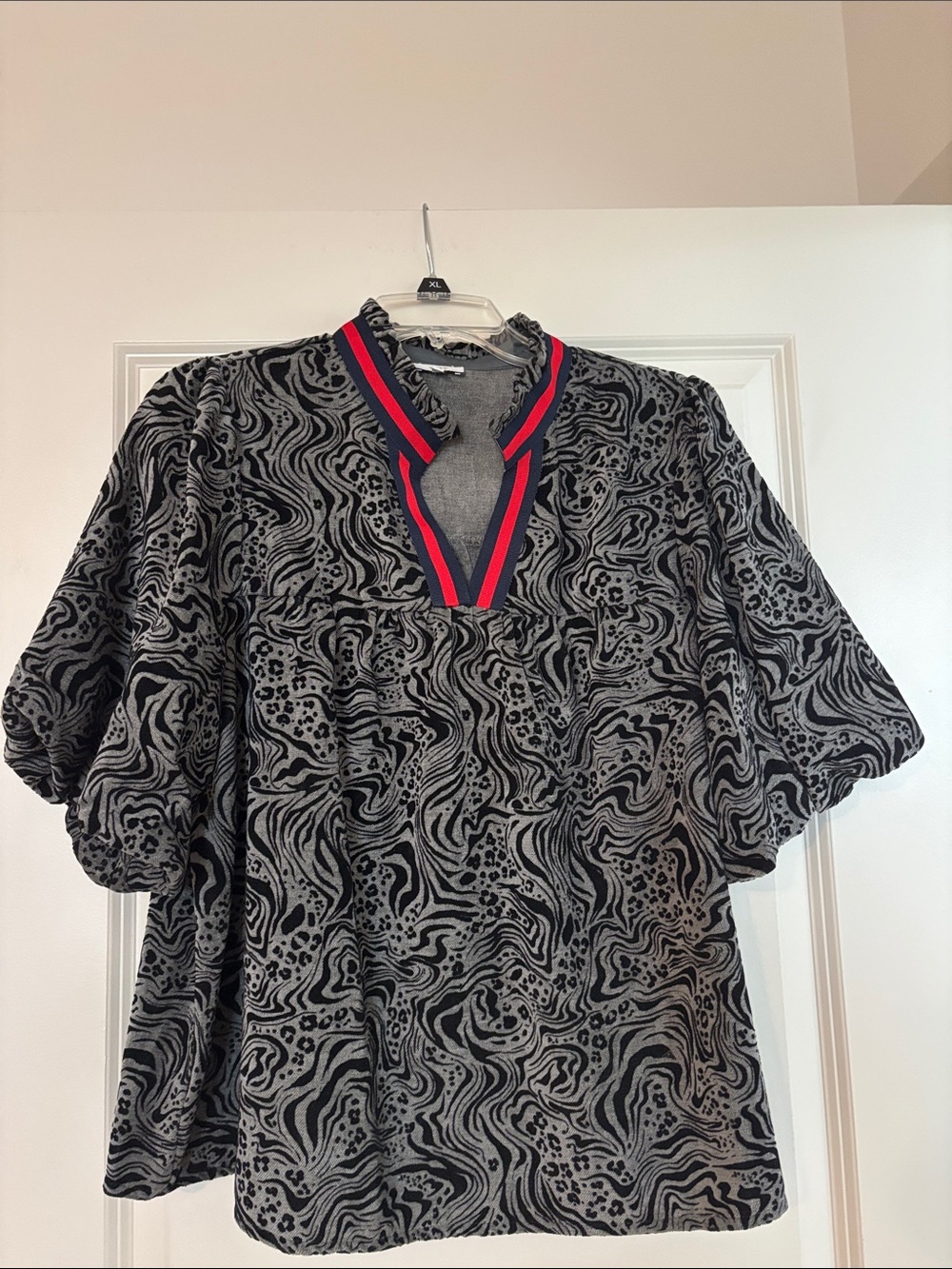 Voy V-Neck Tunic with Red Trim - with velvet like material